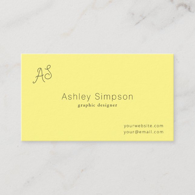 Minimalist Modern Lemon Yellow Monogram Business Card (Front)
