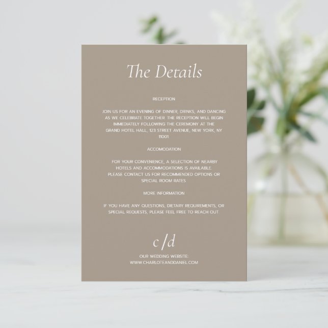 Minimalist modern light brown wedding details enclosure card (Standing Front)