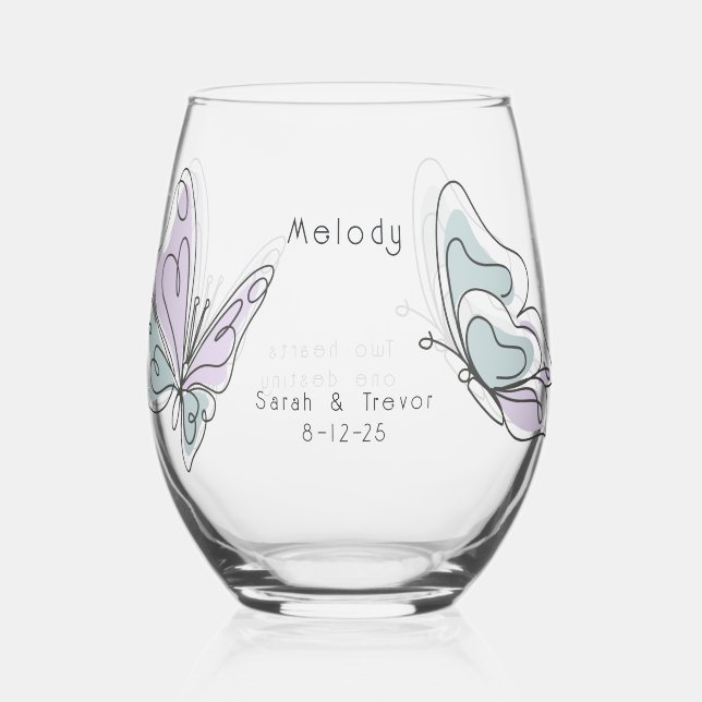 Minimalist Modern Lilac and Dusty Blue Butterfly Stemless Wine Glass (Front)