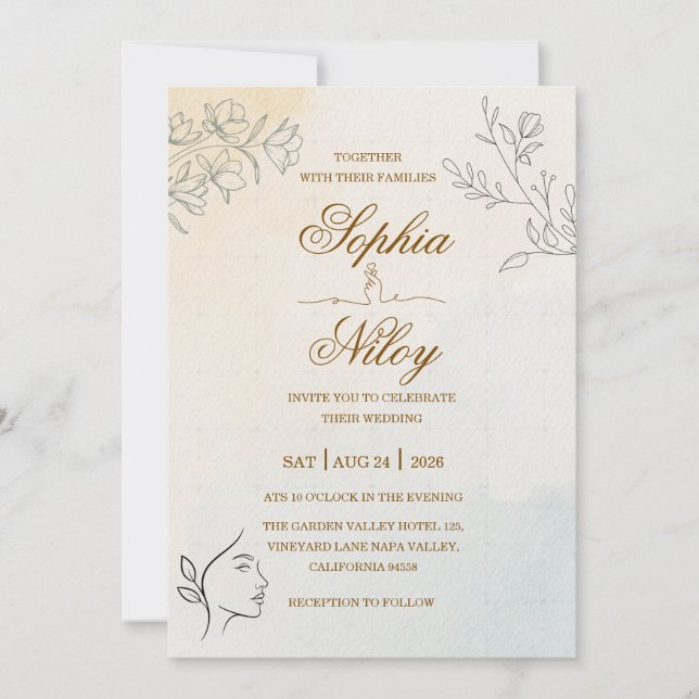 Minimalist Modern Line art Wedding Invitation (Front)