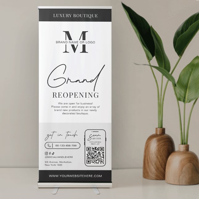 Minimalist Modern Logo QR Code Business Reopening Retractable Banner (Minimalist black and white business reopening roll up sign with space for your logo and QR code)