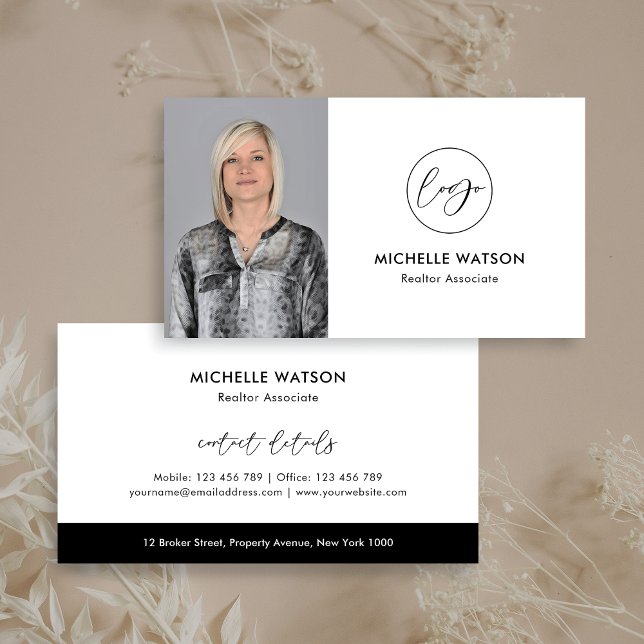 Minimalist Modern Logo Real Estate Agent Photo Business Card (Minimalist photo business cards in a black & white professional design)