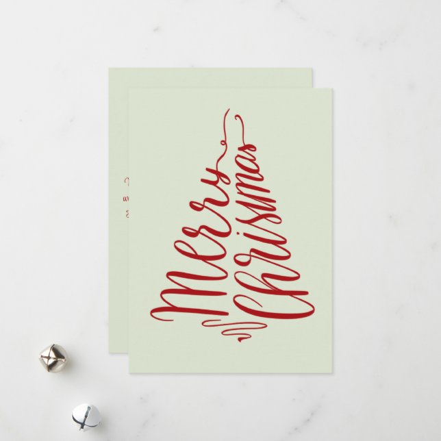 Minimalist Modern Merry Christmas RedTree Script Holiday Card (Front/Back In Situ)