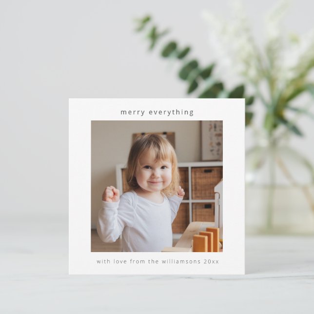 Minimalist Modern Merry Everything 2 Photo Square Holiday Card (Standing Front)