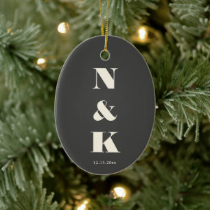 Minimalist Modern Monogram Black and White Wedding Ceramic Tree Decoration
