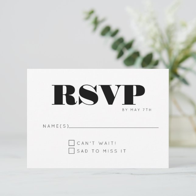 Minimalist Modern Monogram Black and White Wedding RSVP Card (Standing Front)