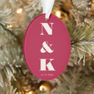 Minimalist Modern Monogram Christmas Red Wedding Ornament