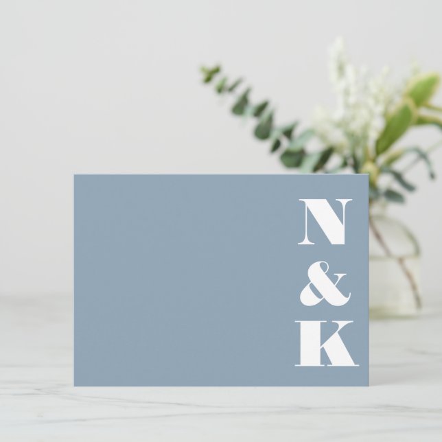 Minimalist Modern Monogram Dusty Blue Wedding Card (Standing Front)