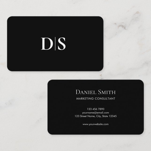 Minimalist Modern Monogram Initial Black  Business Card (Front/Back)