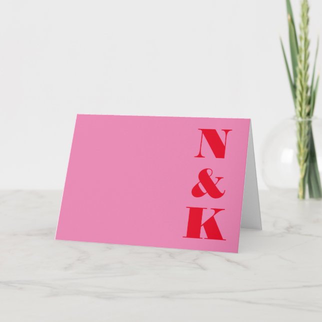 Minimalist Modern Monogram Pink and Red Wedding Thank You Card (Front)