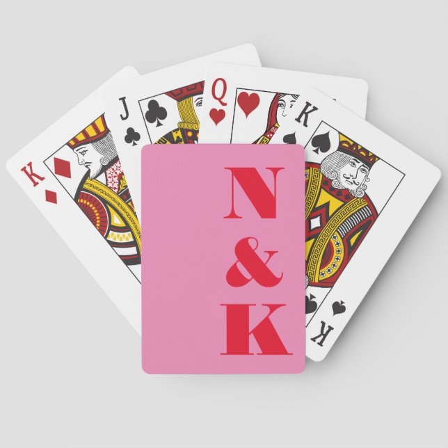 Minimalist Modern Monogram Pink Red Custom Wedding Playing Cards (Back)