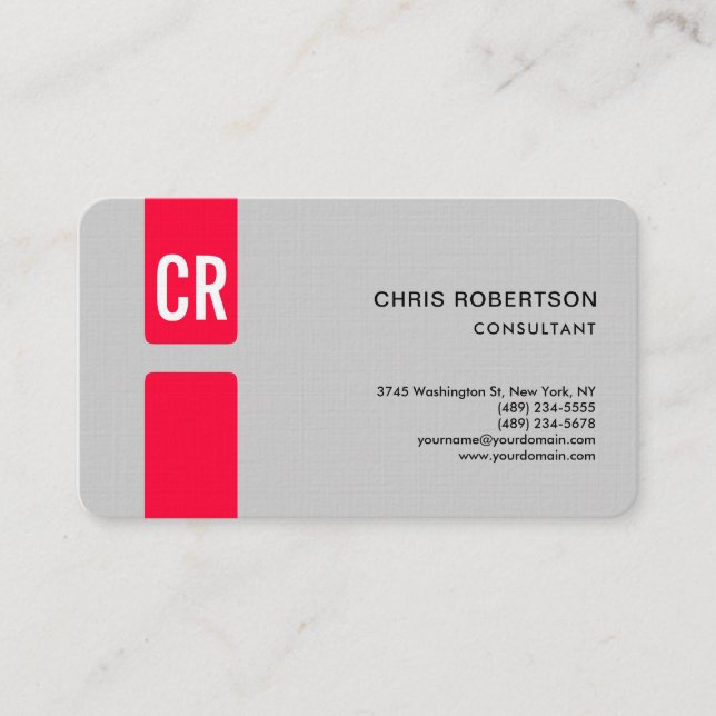 Minimalist Modern Monogrammed Linen Paper Red Grey Business Card (Front)