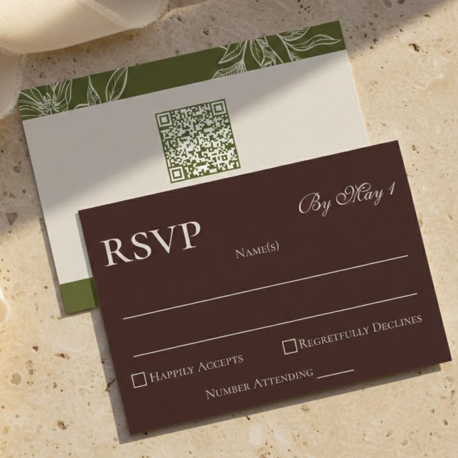 Minimalist Modern Mousse Brown QR Wedding RSVP Card (Rustic Brown Floral QR RSVP Card)