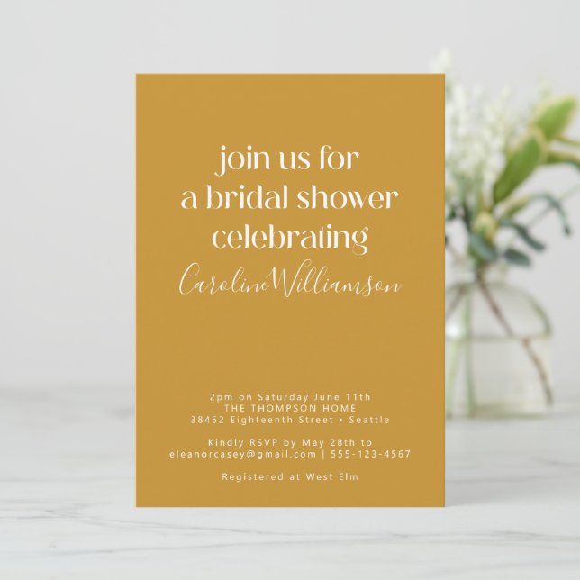 Minimalist Modern Mustard Yellow Bridal Shower Invitation (Standing Front)