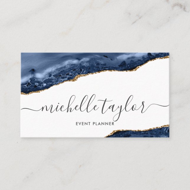 Minimalist modern navy agate signature script business card (Front)