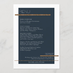 Minimalist Modern Navy Antiqued Gold White Menu Invitation