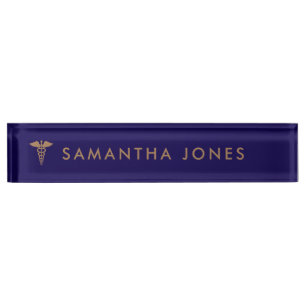 Minimalist Modern Navy Blue Gold doctor Nameplate