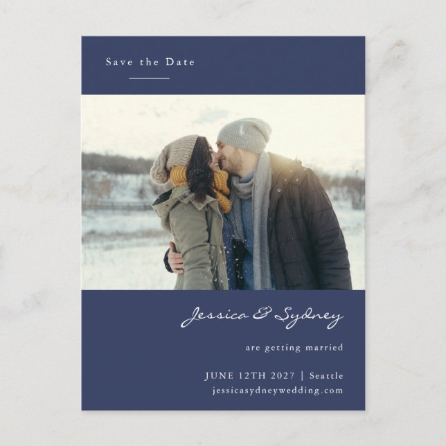 Minimalist Modern Navy Blue Photo Save The Date Postcard (Front)