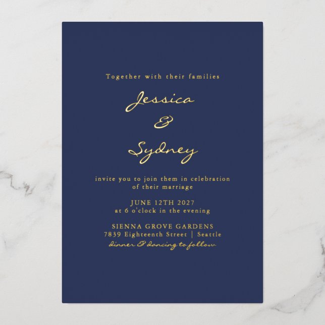 Minimalist Modern Navy Blue Script Wedding Gold  (Front)