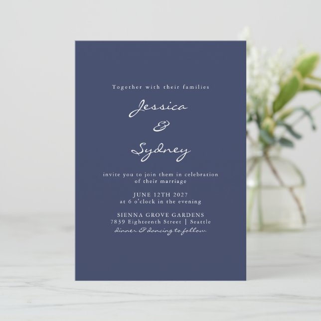 Minimalist Modern Navy Blue Script Wedding Invitation (Standing Front)