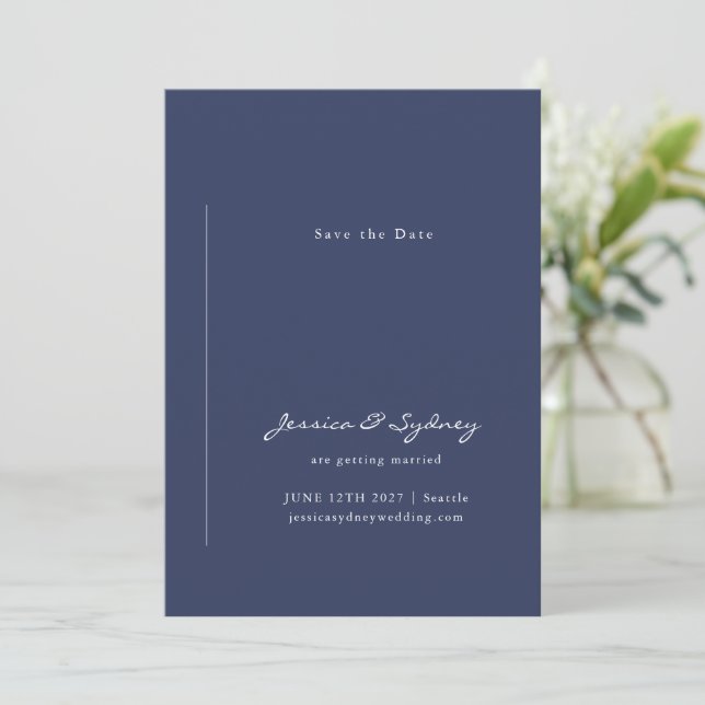 Minimalist Modern Navy Blue Script Wedding Save The Date (Standing Front)