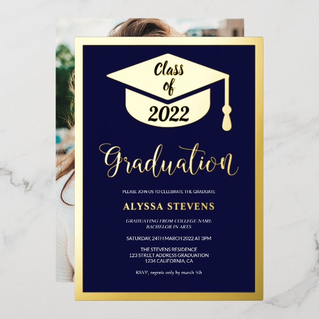 Minimalist modern navy gold graduation photo (Front/Back)