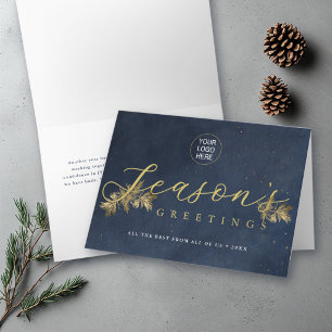 Minimalist Modern Navy Gold Pine Elegant Business Holiday Card