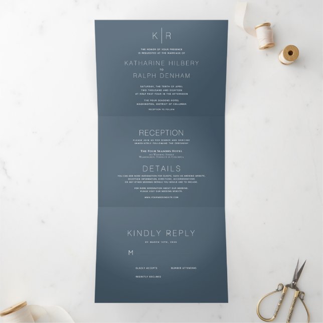 Minimalist Modern Navy Photo Wedding All in One Tri-Fold Invitation (Inside)