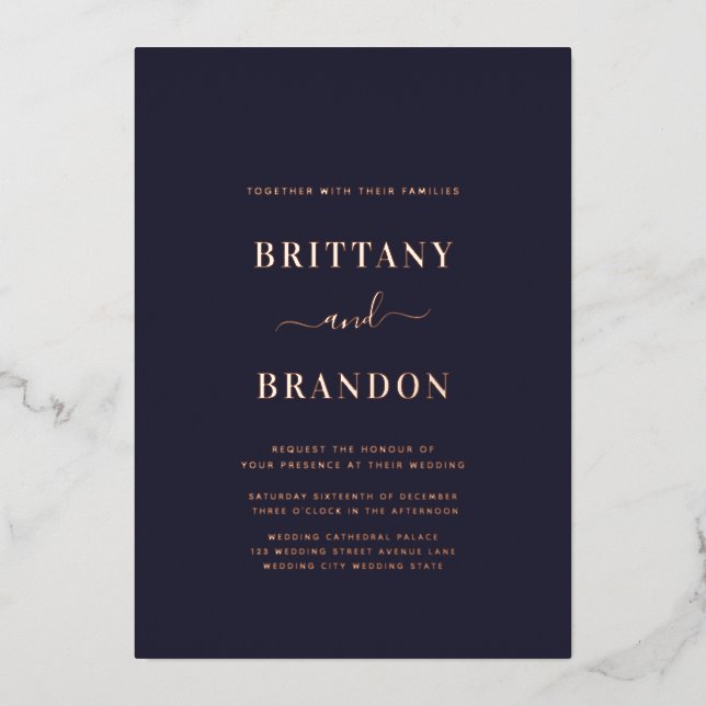 Minimalist Modern Navy Rose Gold Wedding Foil Invi (Front)