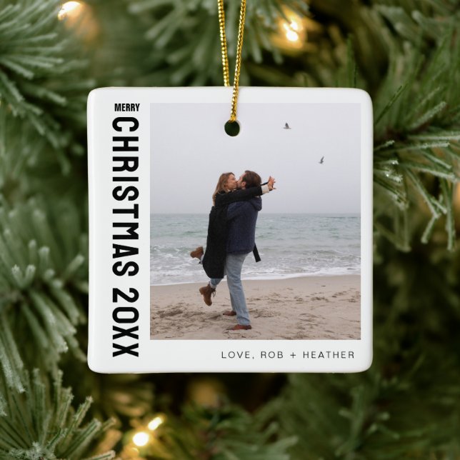 Minimalist Modern One Photo Personalised Christmas Ceramic Ornament (Tree)