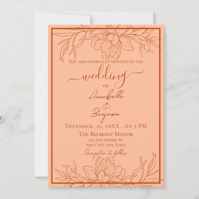 Minimalist Modern Peach and Rust Floral Wedding Invitation (Front)