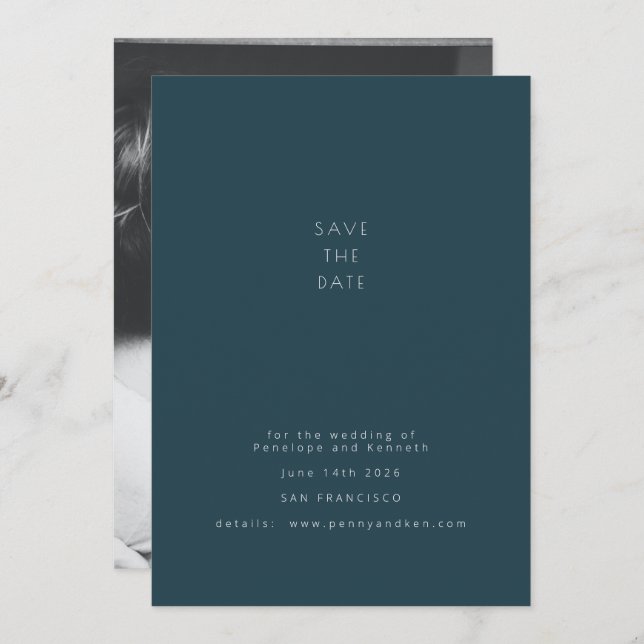 Minimalist Modern Photo Elegant Dark Teal Wedding Save The Date (Front/Back)