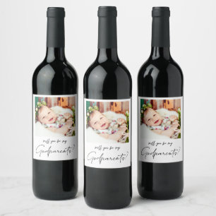 Minimalist Modern Photo Godparents Proposal Wine Label