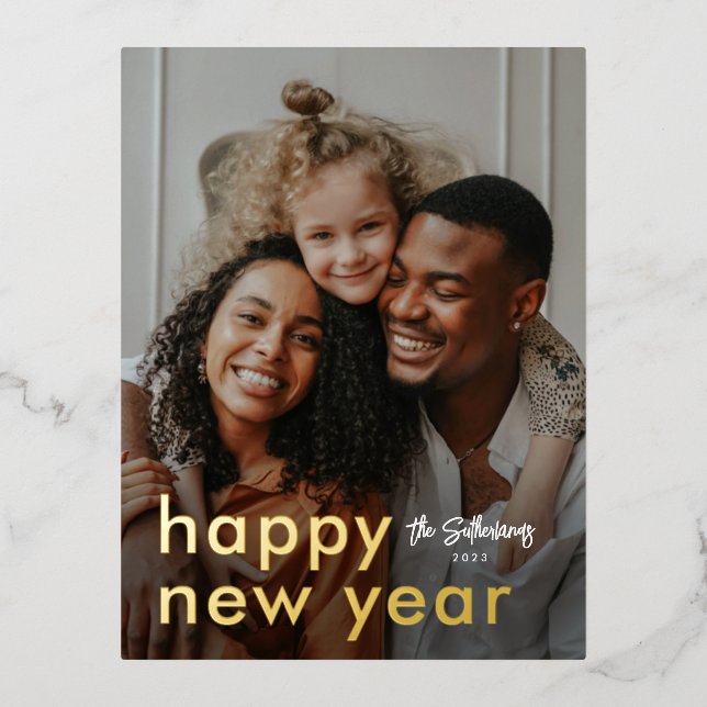 Minimalist Modern Photo New Years Foil Holiday Postcard (Front)