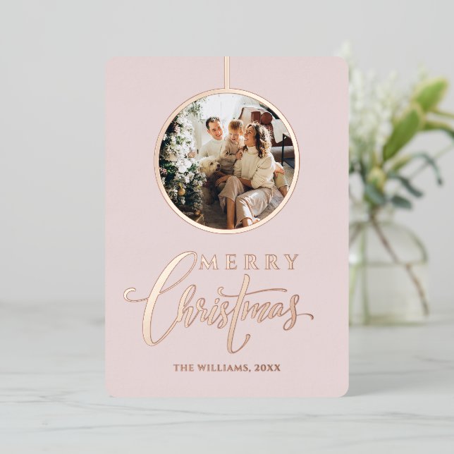 Minimalist Modern Photo Pink Christmas  Foil Holiday Card (Standing Front)