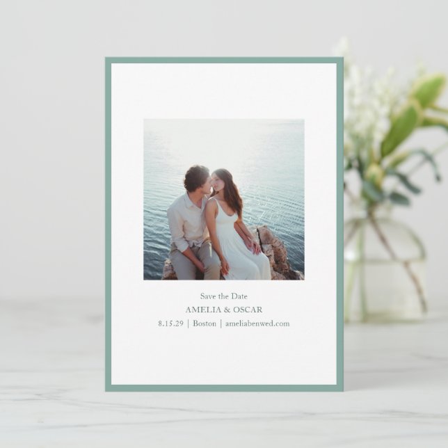 Minimalist Modern Photo Stylish Sage Green Blue Save The Date (Standing Front)