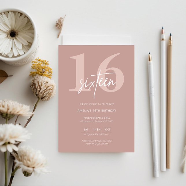 Minimalist Modern Pink 16th Birthday Party Invitation (Creator Uploaded)