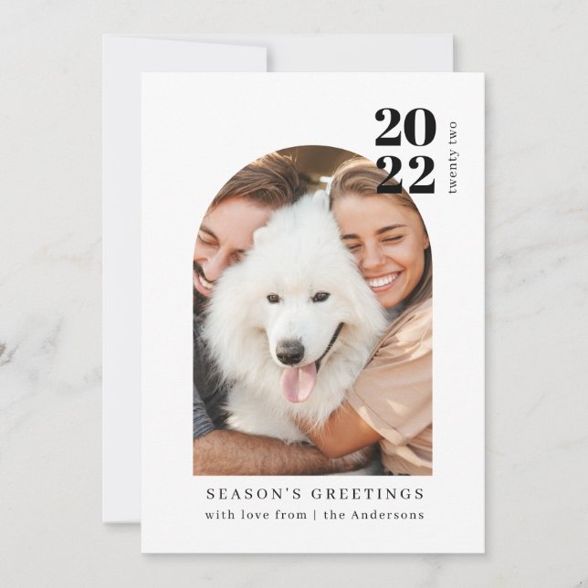 Minimalist Modern Pink Arch Couple Dog Fun Photo Holiday Card (Front)