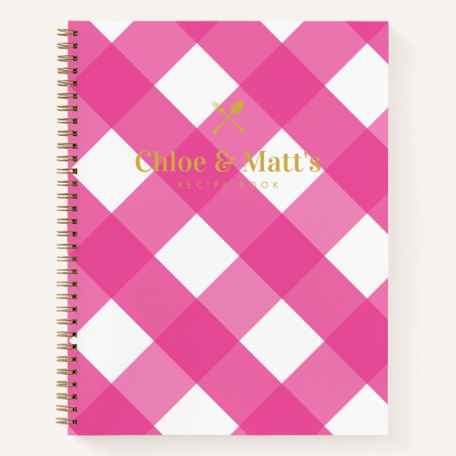Minimalist Modern Pink Gingham Engagement Recipe Notebook (Front)