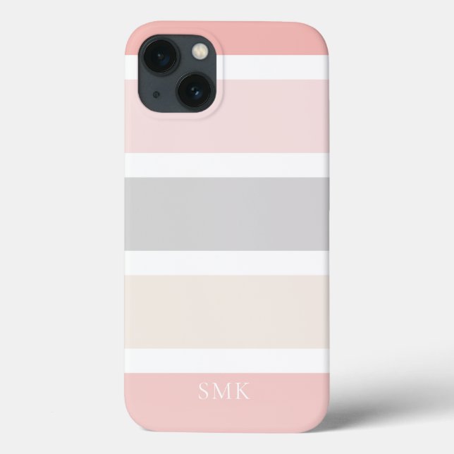 Minimalist Modern Pink Grey Cream Stripes Monogram Case-Mate iPhone Case (Back)