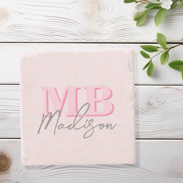 Minimalist Modern Pink Initial Monogram Stone Coaster (Creator Uploaded)