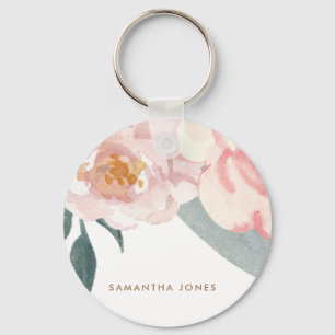 Minimalist Modern Pink Peonie Floral Watercolor Key Ring