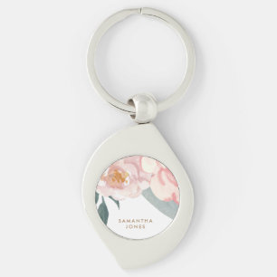Minimalist Modern Pink Peonie Floral Watercolor Key Ring