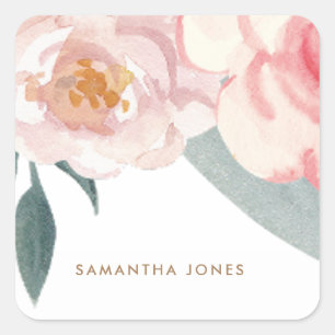 Minimalist Modern Pink Peonie Floral Watercolor Square Sticker