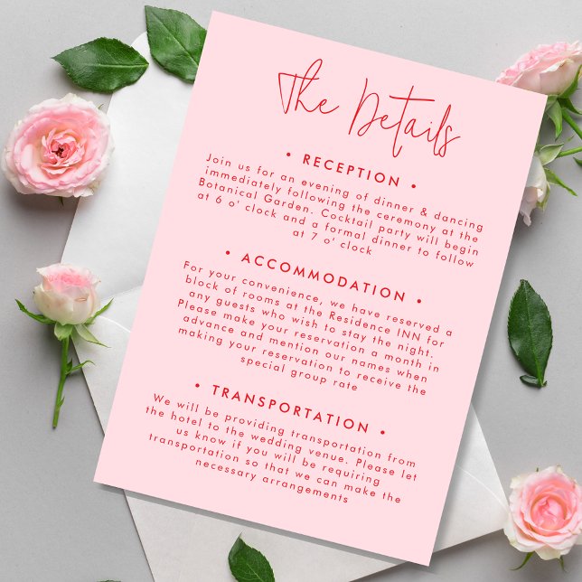 Minimalist Modern Pink Red Wedding Details Enclosure Card (Creator Uploaded)