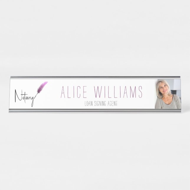 Minimalist Modern Pink & White Notary Photo Desk Name Plate (Front)