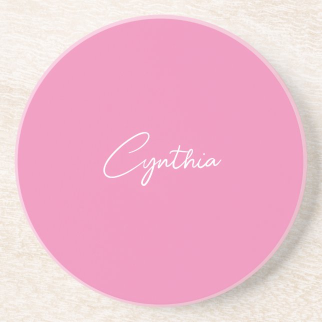  Minimalist Modern Plain Calligraphy Add Name Pink Coaster (Front)