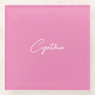  Minimalist Modern Plain Calligraphy Add Name Pink Glass Coaster