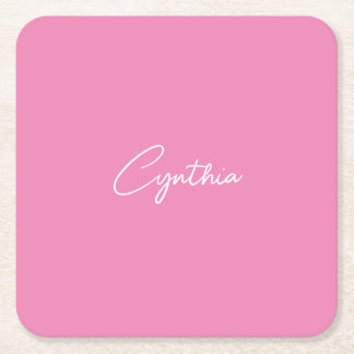 Minimalist Modern Plain Calligraphy Add Name Pink Square Paper Coaster