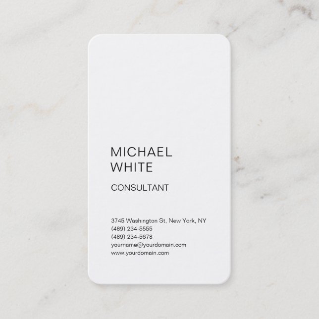 Minimalist Modern Plain Simple Vertical White Business Card (Front)